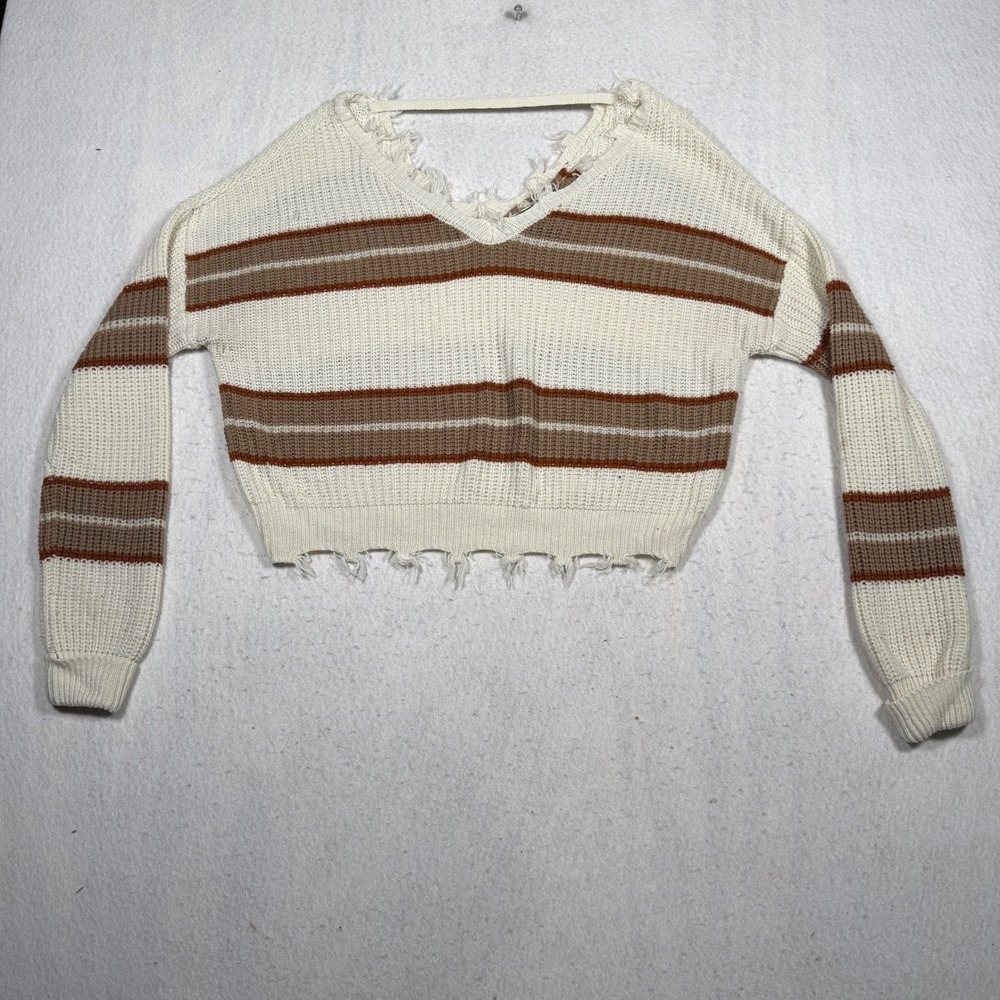 Rue21 Womens Large Striped Distressed Cropped Sweater V-Neck Tan Brown Cream